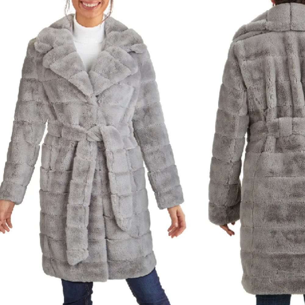 Kenneth Cole New York Grooved Faux Fur Belted Coat